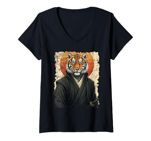 Mujer Ninja Tiger Samurai Warrior Japanese Art Anime Camiseta Cuello V