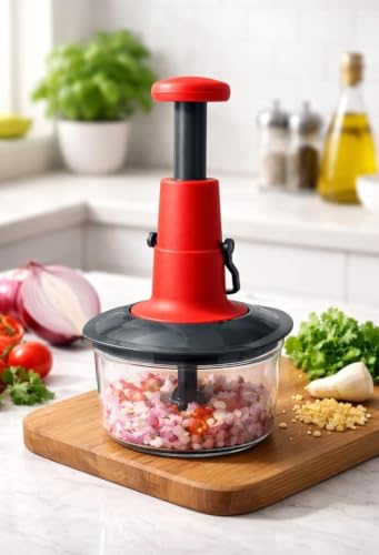 Image of Nirmala Kitchen 650 ML Vegetable Push Press Chopper with 3 Stainless Steel Blades | Manual Hand Press Food Chopper for Onion, Vegetables, Fruits, Nuts & Chop Kitchen Tool I Mixer, Grinder I Blender