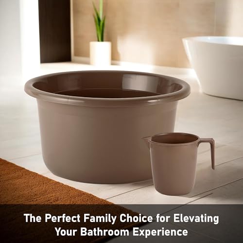 Image of Kuber Industries Set of 2 Bathroom Combo Set | Bathing Set | Bathware Bathing Set | Tub & Mug Combo Set for Bathroom | Modern Bathroom Accessories Set | Brown
