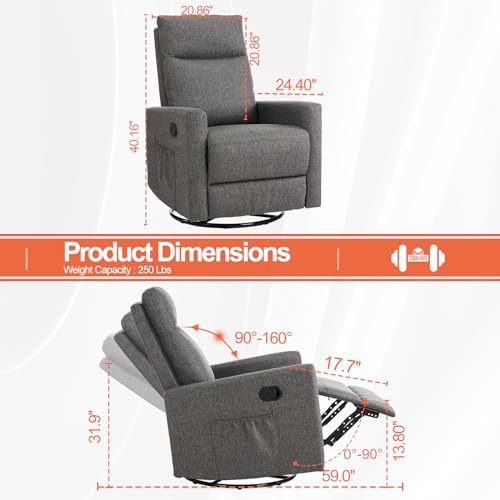 Swivel Recliner Chair, Rocking Chair Nursery, Glider Rocker Recliner, Nursery Chair with Extra Large Footrest for Living Room, High Back, Upholstered Deep Seat (Deep Gray)