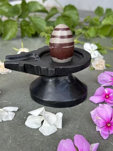 Image of Shivam VASTU AKAL 1.5 inch Original Narmadeshwar Narmada Shivling with 3 inch Narmada Stone Yoni Base Jaladhari (Janeudhari Shivling, Black Damtu Jaladhari)