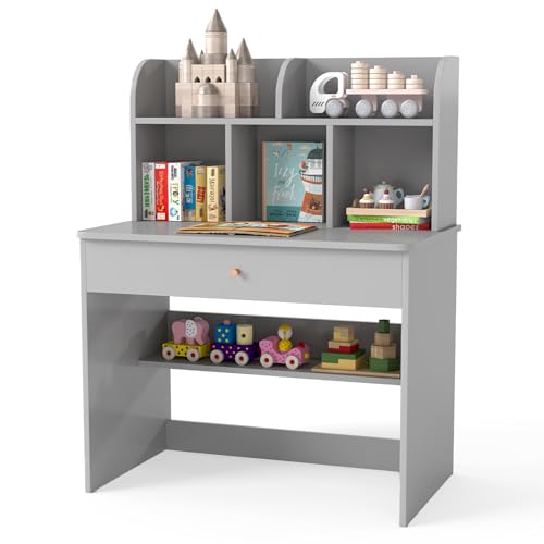 COSTWAY Kids Desk, Wooden Children Study Table with Hutch, Drawer, Storage Shelf, School Students Workstation for Studying, Reading and Drawing (Grey)