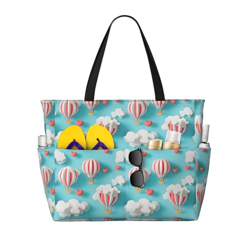 Large Beach Bags for Women Sandproof - Cartoon Cloud Balloon Heart Print Summer Work Travel Tote Bags with Zipper
