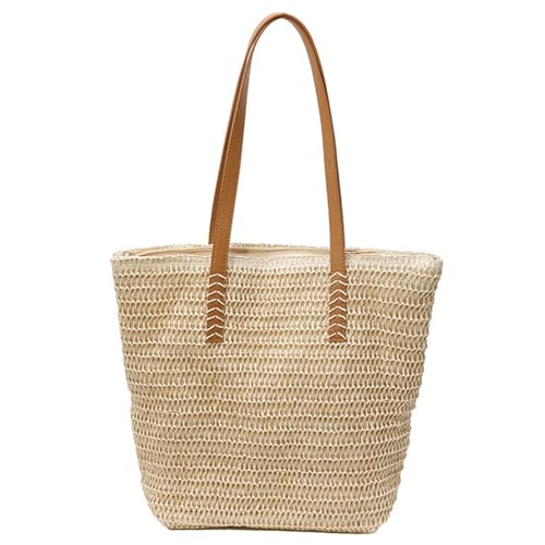 Straw Beach Bag for Women Vacation, Large Summer Woven Shoulder Straw Tote Bag with Zipper for Travel (Beige)