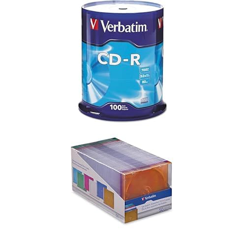 Verbatim CD-R 100 Discs Spindle Frustration Free Packaging + 50 Slim Storage Cases Assorted Colors– Data &amp; Music Recording Bundle