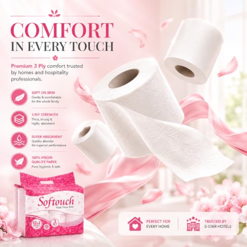 Image of Softouch 2 Ply Toilet Paper Tissue Roll | 145 Sheets Per Roll | 250 Rolls | Total 36,250 Sheets | Soft & Durable | Hypoallergenic | Safe for All Skin Types