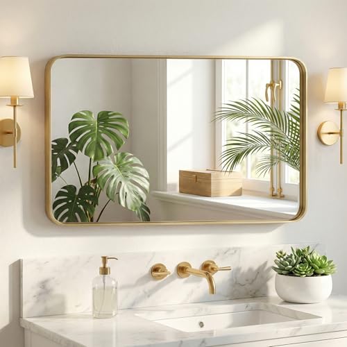 Image of NEWBULIG 24 inchx40 inch Gold Wall Mirror, Bathroom Mirrors for Over Sink, Matte Metal Framed Vanity Mirror with Tempered Glass, Entryway, Living Room, Bedroom