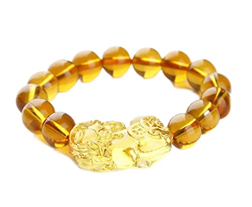 BOYULL Feng Shui Citrine Gem Stone Wealth Porsperity 12mm Bracelet with Pi Xiu/Pi Yao, Attract Wealth and Good Luck, Deluxe Box Included