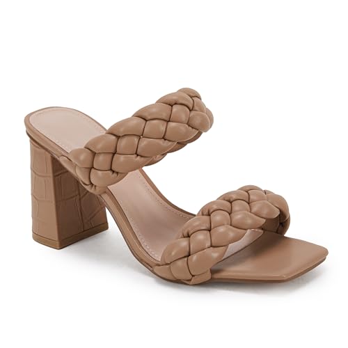 Syktkmx Womens Braided Heels Sandals Chunky Block Heel Double Strap Summer Dressy Sandal, Light Brown Wide, Size 9