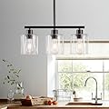 ROCUNSI Kitchen Island Lighting, 3-Light Black Pendant Light Fixture, Farmhouse Dining Room Light Fixtures Over Table, Modern Hanging Light Fixtures with Clear Glass, E26 Base, Bulbs Not Included