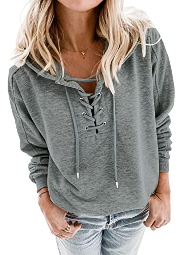 Dokotoo Womens Ladies Winter Autumn Cute Drawstring Hoodies Sweatshirt Long Sleeve Sexy Lace Up Criss Cross V Neck Sweatshirts Pullovers Shirts Plain Casual Hooded Fall Tops Dark Grey M #TOP8