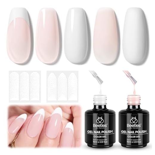 Kit de manicure francesa Beetles – Esmalte de gel branco nude rosa encharcado UV LED com ponta francesa em gel com 2 folhas de adesivos de arte de manicure francesa, kit de unhas francês clássico para