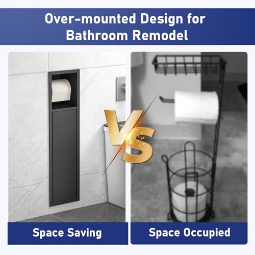 in Wall Toilet Paper Holder, Over-Mounted Toilet Roll Holder w/Cabinet for Bathroom Remodel, 304 Stainless Steel Tissue Paper Holder with Dispenser (Matte Black)