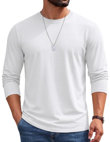 Image of COOFANDY Mens T Shirt 100% Cotton Long Sleeve Crew Neck White M