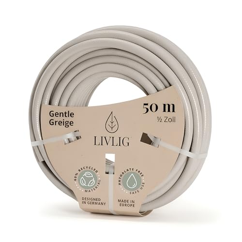 LIVLIG Tuyau d'Arrosage 50m Design – Tuyau Arrosage Flexible, 60% Recyclé, UV Résistant, Anti-Torsion, 1/2 Pouce, Grège