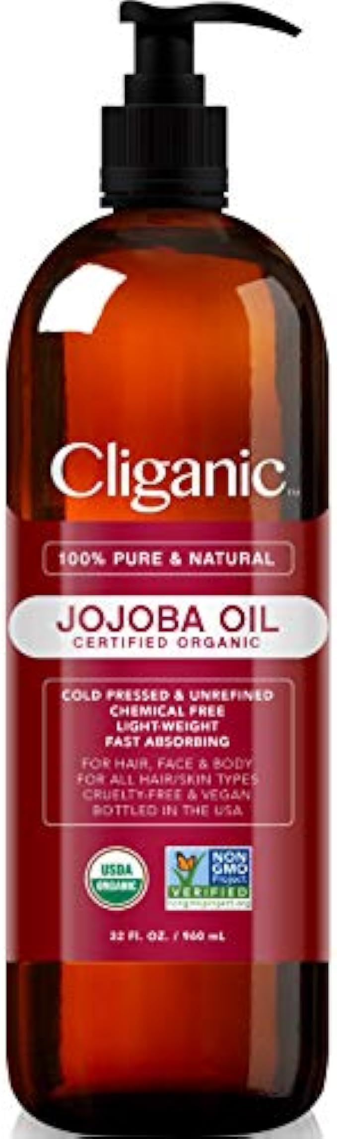 Cliganic Organic Jojoba Oil 32 oz, 100% Pure | Bulk, Natural Cold Pressed Unrefined Hexane Free Oil for Hair & Face