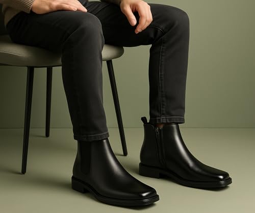 Image of Kraasa THE Ashford - Men's Stylish Vegan Leather Chelsea Boots with Side Zipper & Elastic Panel, Square Toe Ankle Boot (Tan /Black /Brown)