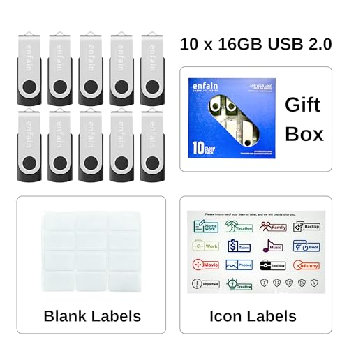 image for Enfain 16GB USB 2.0 Flash Drive 10 Pack | Swivel Thumb Drives with 31 