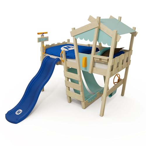 Wickey Kinderbett Hochbett Crazy Snuggy - mit Blauer Rutsche & pastellblauer Plane