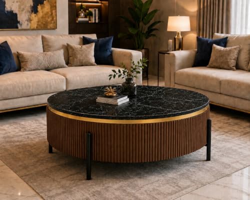 Image of WOODEN SPACE Premium Luxury Nazaara Marble-Top Coffee Table with Iron Legs & PVD Coating | Modern Round Wooden Center Table for Living Room & Entryway (Brown, 36 Inch)