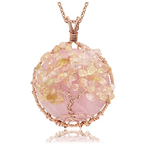 Top Plaza Healing Crystal Rose Quartz Stone Pendant Necklace Tree of Life Wire Wrapped Necklaces Handmade Reiki Gemstone Jewelry for Womens