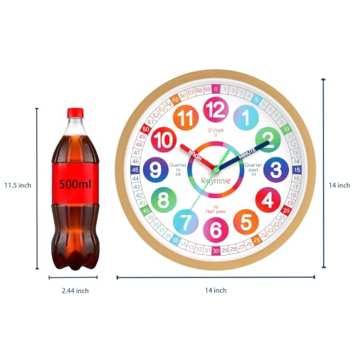 Image of Roymnie 14 inch Wall Clock for Kids Learning Silent Battery Operated Teaching | Learning to Tell Time Easily Non Ticking Analog Colorful Teaching Time Clock Decorative for Kids Room Classroom School Modern