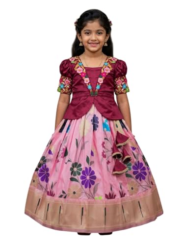 Image of White Button Girls South Indian Pattu Pavadai | Traditional Digital Print Satin Lehenga Choli Set