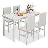 MIERE Dining Table Set for 4, 5-Piece Marble DiningTableSet with 4 Faux Leather Metal Frame Chairs for Kitchen, Bar, Living Room, Breakfast Nook, Small Space, 03 Pure White
