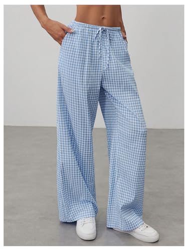 MakeMeChic Women's Y2k Gingham Plaid Wide Leg Pants Elastic Waist Drawstring Trousers4