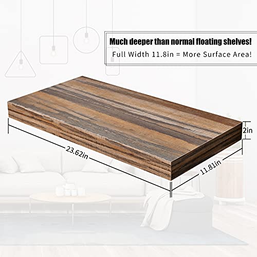 Image of WELLAND 24 inch Extra Deep Rustic Floating Shelf for Wall, 12 Inch Wide Wall Mounted Wooden Bookshelf, Heavy Duty Display Shelving for Bathroom, Living Room, Bedroom, Kitchen, 24 x 12 x 2 Inch