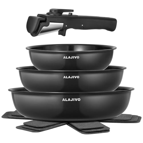 Pfannenset mit Abnehmbarer Griff, Pfanne Induktion, Bratpfanne mit Antihaft beschichtung, 7-Teiliges, 20+24+28 cm Platzsparend Keramik Pfannen, Pfannen Set für alle Herdarten, Spülmaschinen, Ofenfest