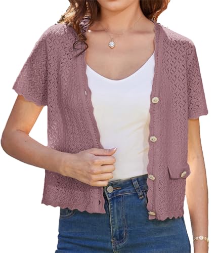 GRACE KARIN Womens Cardigan Summer 2025 Cropped Lightweight Short Sleeve Hollowed-Out Bolero Shrug Knit Sweaters