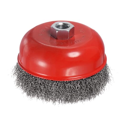 Image of Wire Cup Brush for Rotary Tool - [5 Inch] Coarse Crimped for Paint Stripping Cleaning Rust Light Duty Conditioning, 5 /8 Inch-11 Threaded Arbor, Red