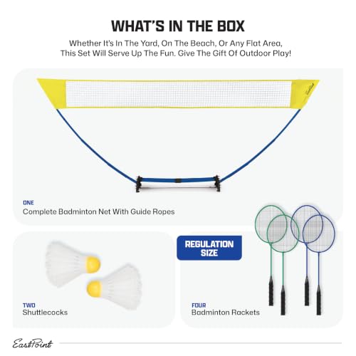 Image of EastPoint Easy Setup Badminton Set - 15 ft Net, 4 Rackets, 2 Shuttlecocks - Quick Setup Net for Backyard Games - Steel Shaft Badminton Rackets for Family Games - Durable Shuttlecocks for Outdoors