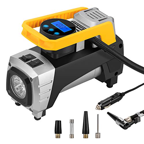 rourlinge Air Compressor Tire Pump, Portable 150 PSI with Preset Pressure and Emergency Light for 12V DC Car, Motorcycle, Bicycle