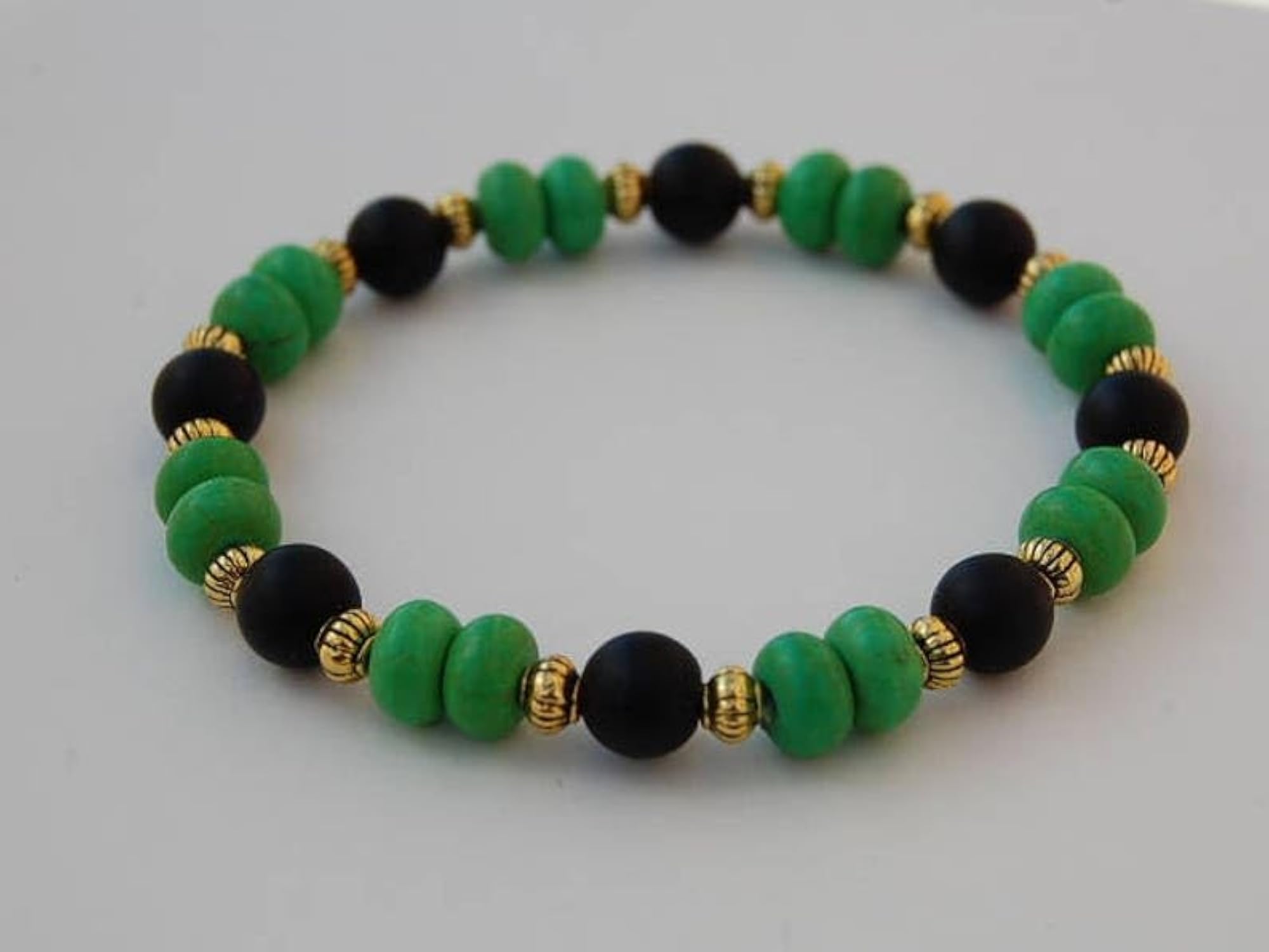 Natural Green Turquoise & Matte Onyx Beaded Stretchable Bracelet, Unisex