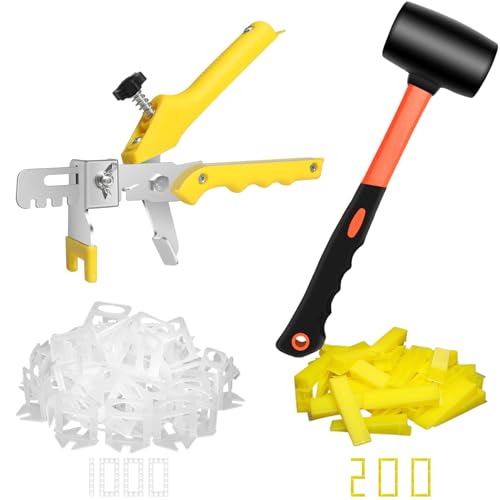 DGSL Tile Leveling System with Rubber Mallet and Tile Plier - 1000-Piece Tile Spacers 1/8 Inch Tile Clips and 200-Piece Reusable Wedges Tile Leveling Tools for Tiles and Stone Installation