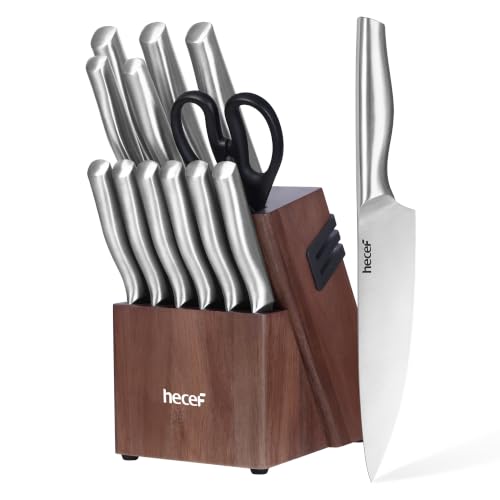 hecef 13 Pcs Silver Kitchen Knife Block Set with Acacia Wood Block