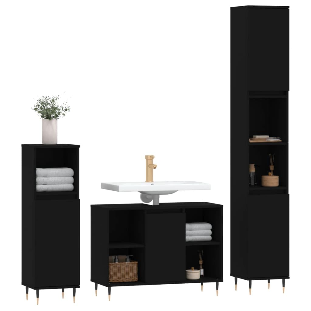 Möbelsets 3-teilig Badmöbel-Set schwarz Holzwerkstoff Badmöbel-Sets