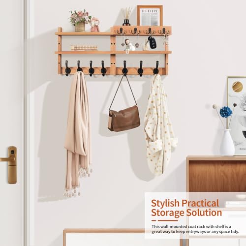 Image of 29 inch Coat Rack Wall Mount with Shelf, Pine Two-Tier Wall Shelf Mounted Coat and Key Hanger with 7 Heavy Duty Hooks 4 Key Hooks, Entryway Key Holder with Mail Holder for Bedroom,Living Room (Wood)