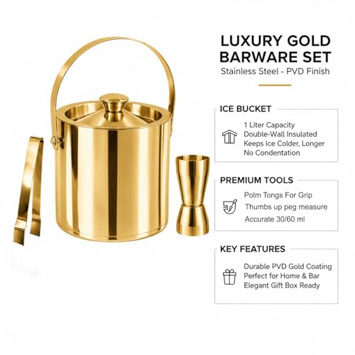 Image of finality Premium Stainless Steel Ice Bucket with Tongs and Jigger - 1 Litre Double Walled Insulated Ice Box for Bar, Home & Parties (Gold Mirror IB + Tong + Jigger)