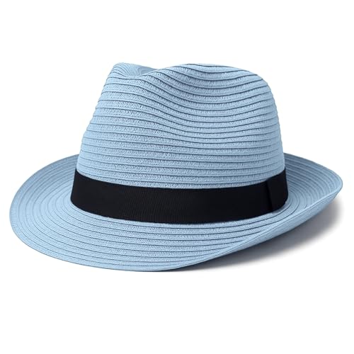 Funky Junque Mens Fedora Hats – Stylish Straw Hats for Men, Classic Men's Fedoras, Short Brim Panama Beach Hat, Summer Dress Hat - Light Blue (Large/X-Large)