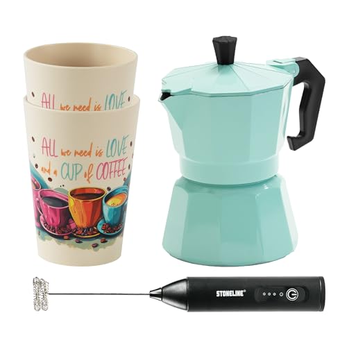 STONELINE Cast Aluminium Espresso Maker, 170 ml, 4 Cups, for All Types of Cookers, Italian Coffee Maker, Mocha Pot, Suitable for Induction Cookers, Set with Mug and Milk Frother, Mint