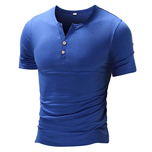 Remxi Herren Casual Kurzarm - Sommer T-Shirt Doppelknopfleiste Einfarbig V-Ausschnitt Shirts Baumwolle Gr. M, blau Cover