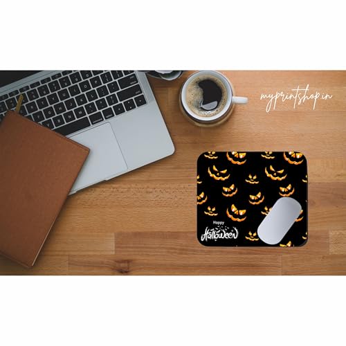 Image of Happy Halloween Pumpkin Mouse Pad - Spooky Jack-O'-Lantern Design, Non-Slip Rubber Base, 9 x 7.5 Inch