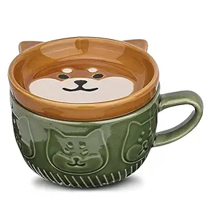 Cute Ceramic Dog Coffee Mug with Lid,Kawaii Coffee Mugs or Tea Cups for Dog Lovers,Funny Novelty Dog Breakfast Mugs for Women Wife Mum Girls Boys Friends Kids Christmas Birthday Gift,300ML Green