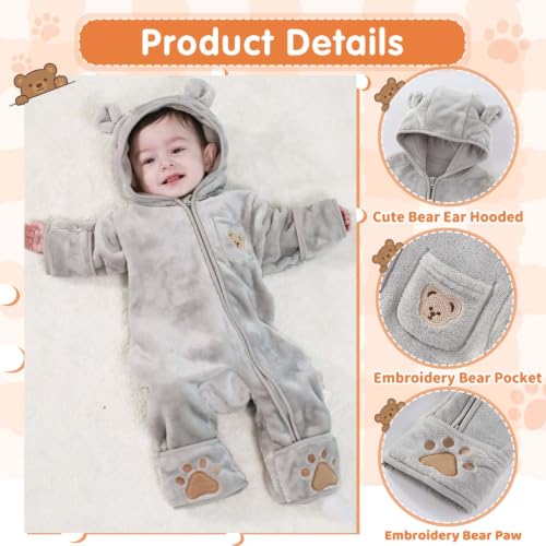 Image of Fairy Baby Newborn Baby Bear Outfit With Fold-Over Mittens Footies Thin Fleece Romper Hooded Jumpsuit Winter Coat Girls Boys