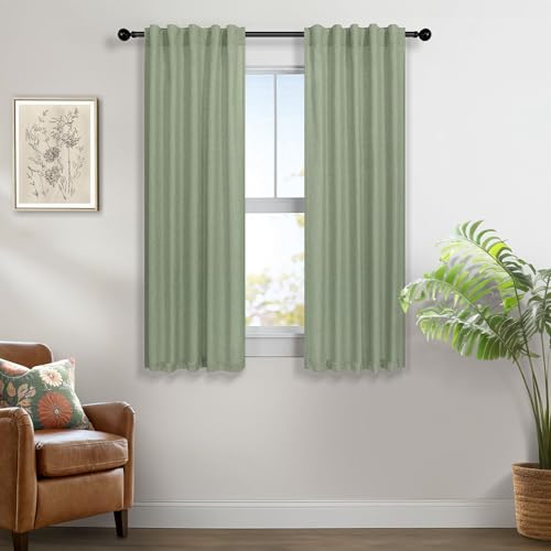 Image of Sage Green Curtains 38 Inch Width for Kitchen Doors 2 Panels Back Tab Rod Pocket Linen Cafe Tier Light Filtering Short Sheer Light Green Curtains for Bathroom Laundry Farmhouse Decor Wide 38x45 Length