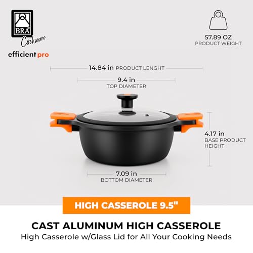 Image of BRA COOKWARE Efficient Pro Nonstick Stock Pot w /Lid | 9.5 Inch 4.2 Quart Cooking Pot | 3-Layer Scratch Resistant Coating | PFOA Free Deep Pot | All Cooktops | Oven Safe up to 425F (w /o Lid-Handles)