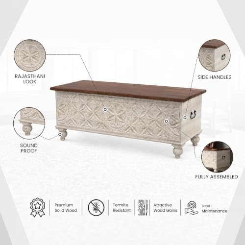 Image of Wooden Trunk Box for Storage | Solid Wood Coffee Table for Living Room | Handcrafted Center Tea Table with Sandook Storage for Living Room | Pitara for Home & Bedroom (Off White Distress)